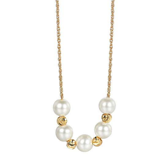 collier femme en plaqué or avec perles blanches nacrées et boules dorées rainurées sur chaîne torsadée ajustable 45 +5 cm, bijou élégant et intemporel pour un style raffiné