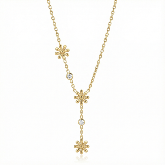 Collier fleurs asymétriques en acier inoxydable doré avec cristaux