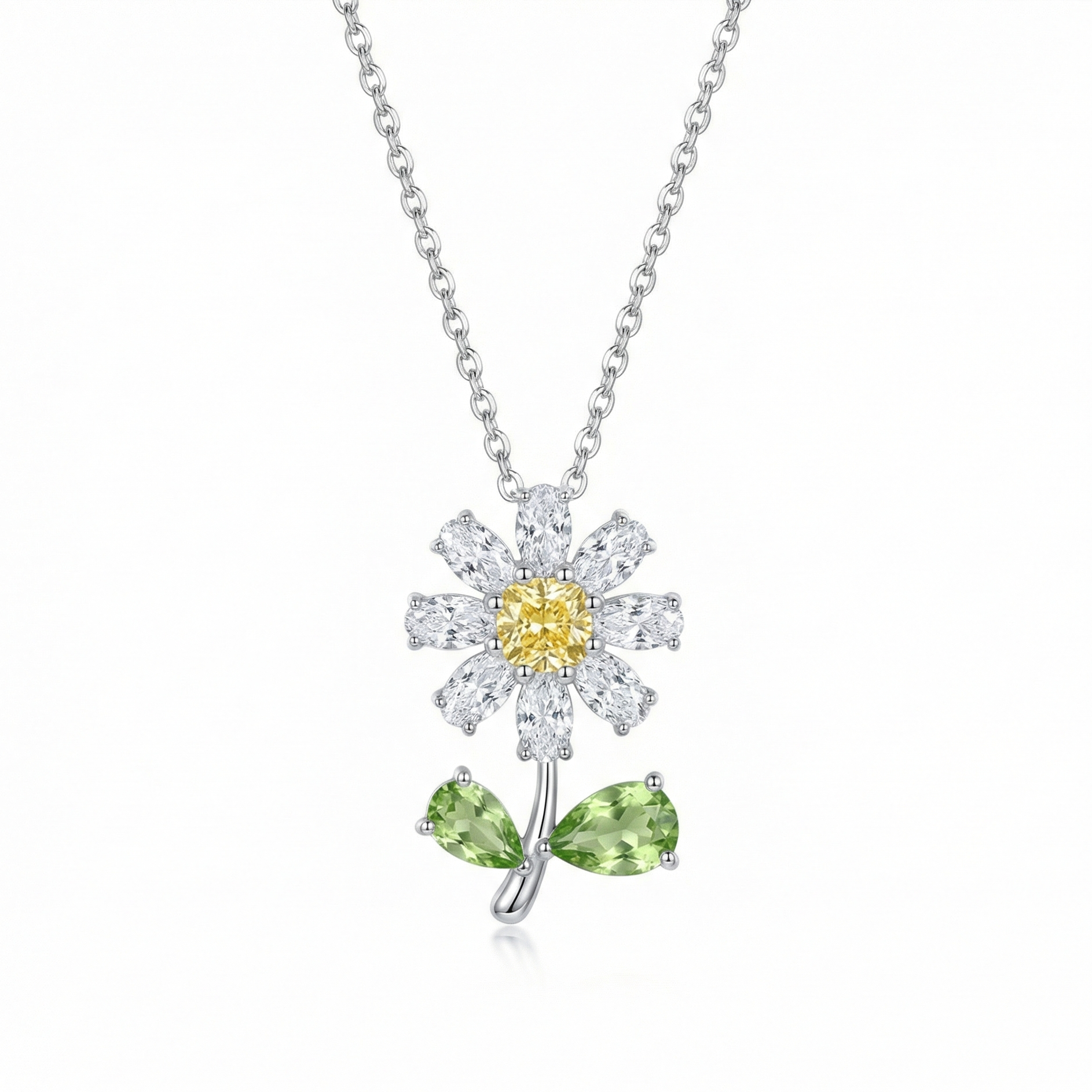 Collier pendentif fleur de marguerite en acier inoxydable argenté, cœur en cristal strass brillant, style champêtre.