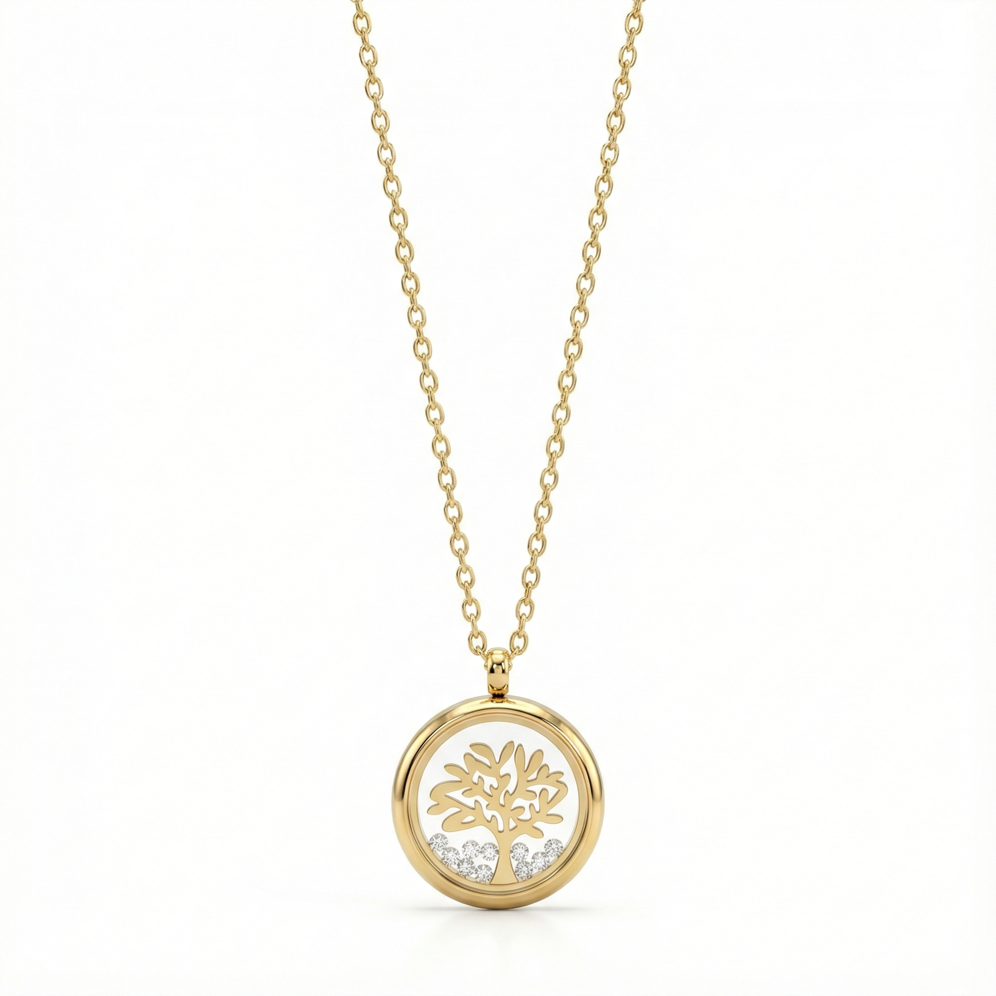 Collier médaillon arbre de vie en acier doré orné de cristaux brillants, symbole de famille et porte-bonheur pour femme.