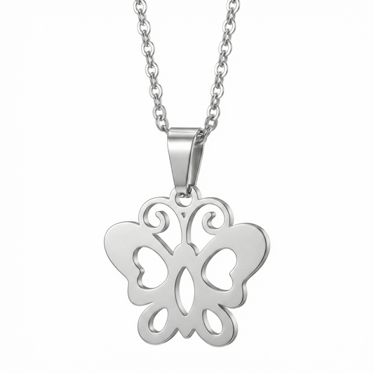 Collier papillon en acier inoxydable couleur acier, pendentif ajouré 1,6 x 1,5 cm, chaîne ajustable 45 + 5 cm, bijou discret pour usage quotidien