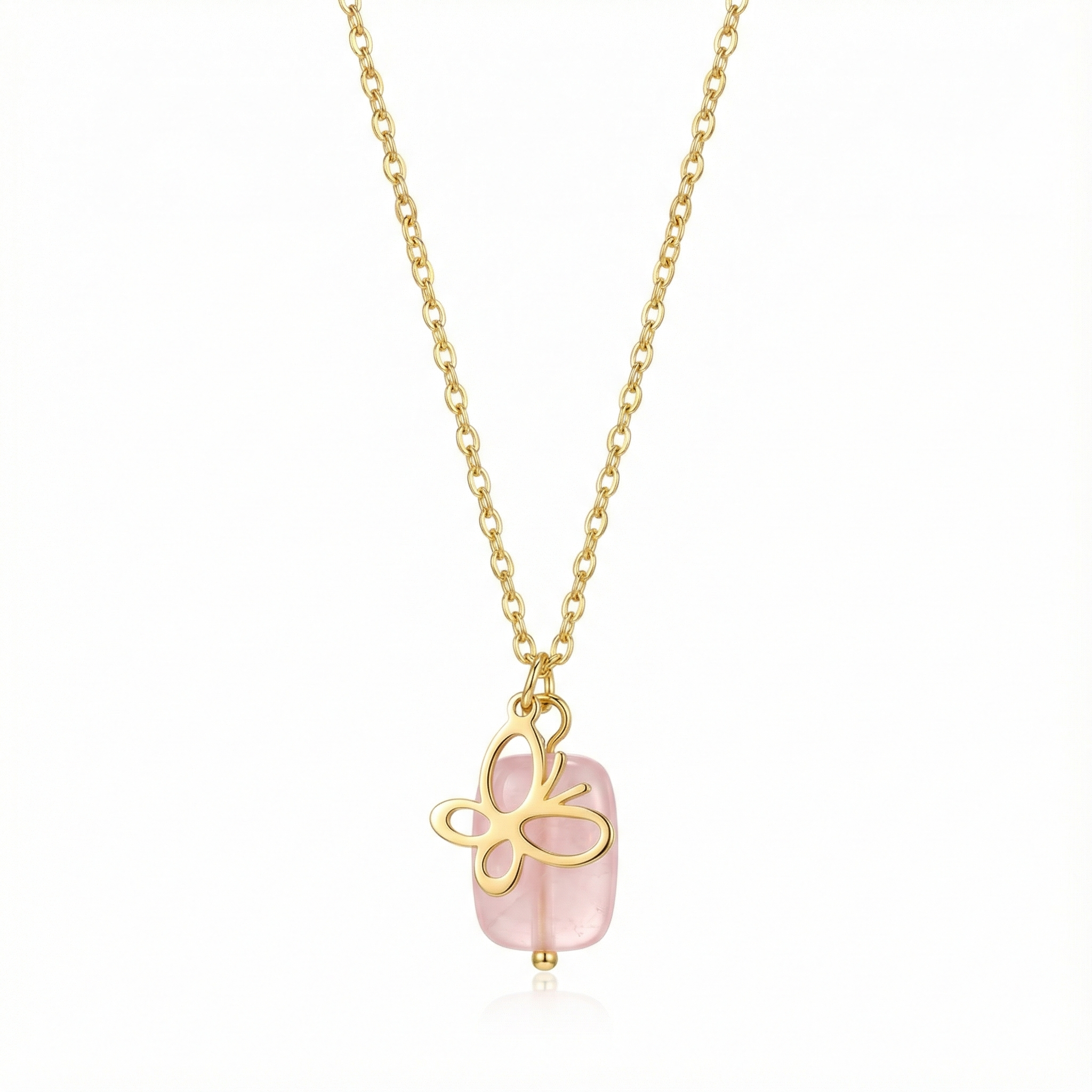 Collier pendentif papillon doré avec pierre couleur rose pastel, bijou romantique et doux en acier inoxydable pour femme.