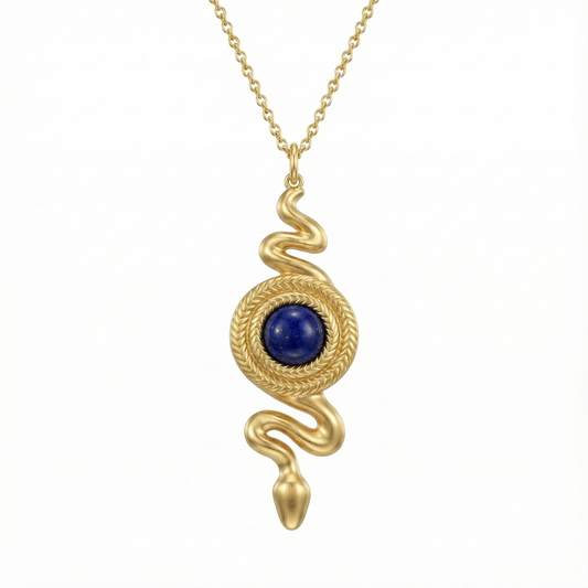 Collier serpent en acier inoxydable doré avec pierre bleue, pendentif 4,14 cm, chaîne ajustable, bijou symbolique léger pour un style affirmé.