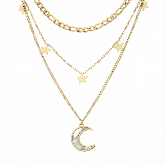 Collier superposé lune et étoiles en acier inoxydable doré