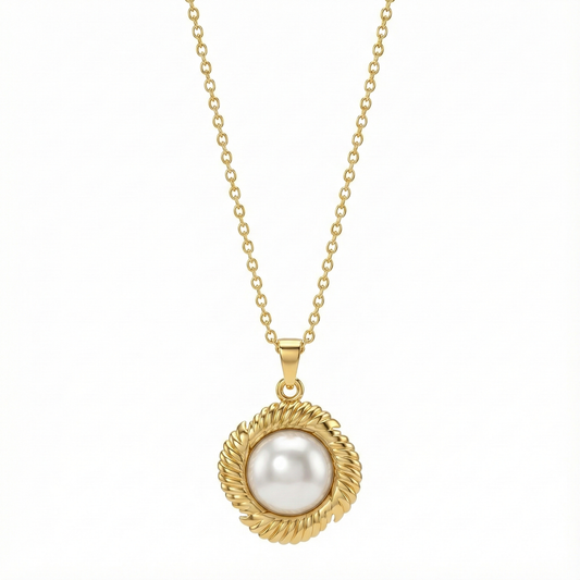 Collier vintage en acier inoxydable doré avec perle nacrée centrale