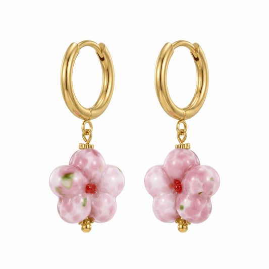 Créoles dorées en acier inoxydable avec pendentif fleur rose