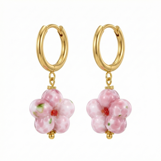 Créoles dorées en acier inoxydable avec pendentif fleur rose