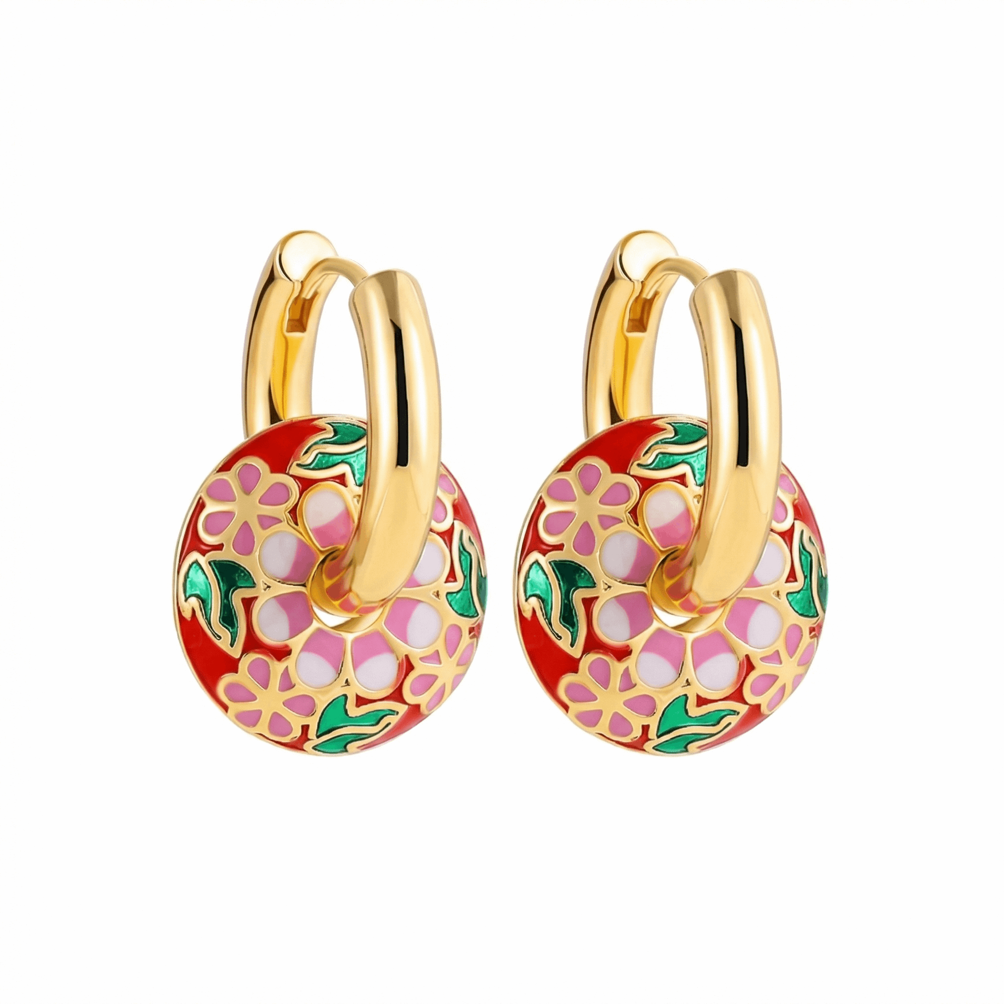 Créoles dorées en acier inoxydable avec pendentif floral émaillé multicolore