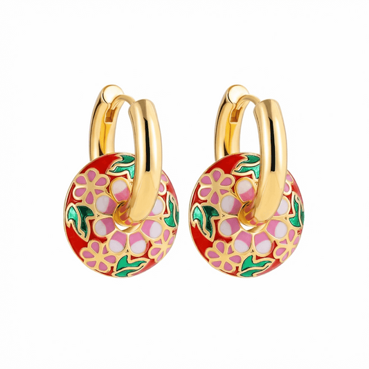 Créoles dorées en acier inoxydable avec pendentif floral émaillé multicolore