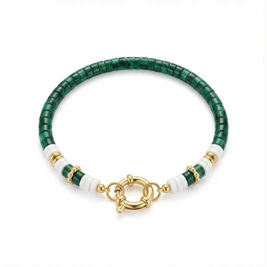 bracelet acier inoxydable doré malachite verte perles vertes vue large
