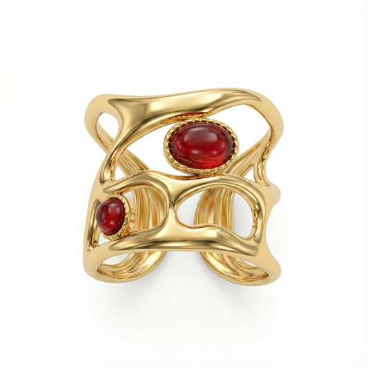 Détail pierre d’agate rouge sur bague acier inoxydable doré