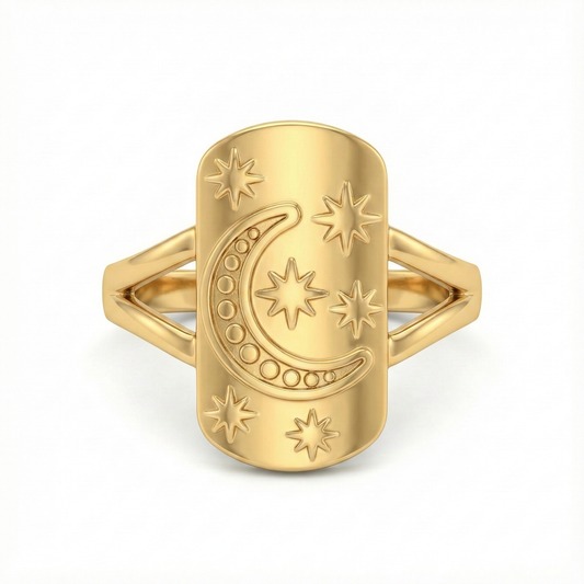 Détail étoiles gravées sur bague acier inoxydable doré