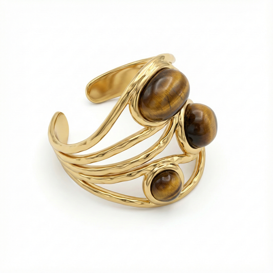 Détail perles œil du tigre sur bague acier inoxydable doré