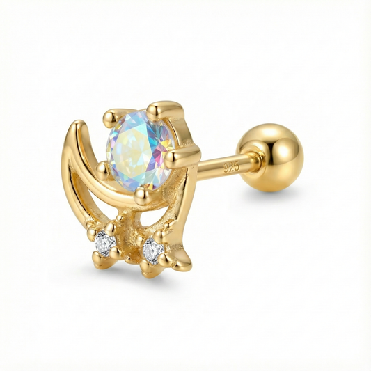 Piercing cartilage hélix forme croissant de lune en argent 925 plaqué or 18k, orné d'une pierre centrale aux reflets opalescents