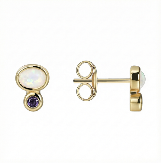 Puces d’oreilles doré à l’or 18k avec opale blanche et zircon violet
