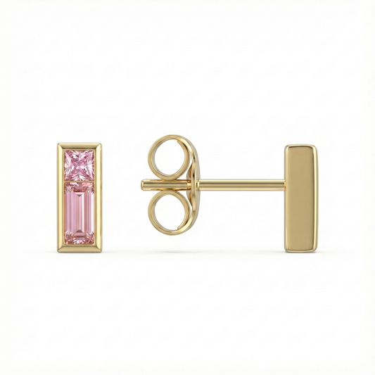 Puces d’oreilles doré à l’or 18k avec zircons roses rectangulaires