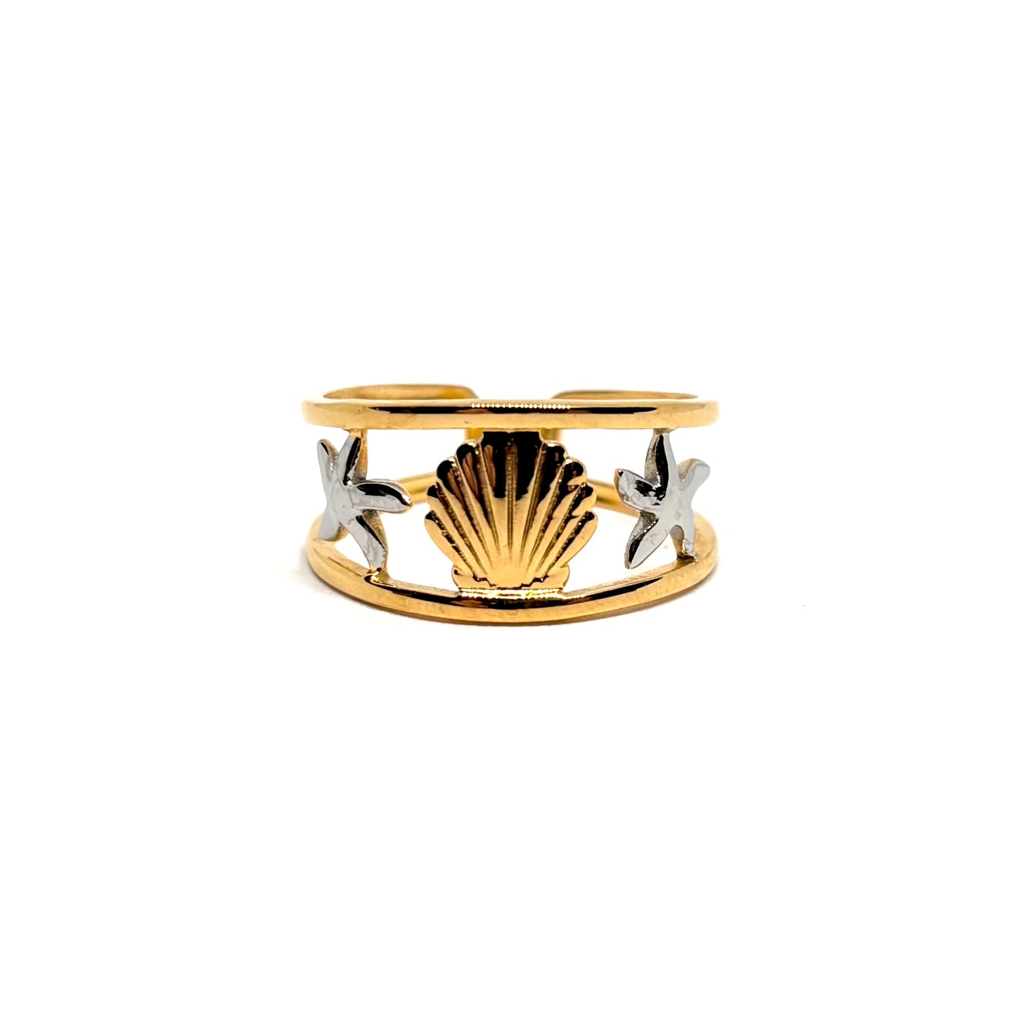 Bague acier doré coquillage étoiles de mer