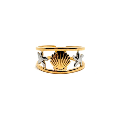 Bague acier doré coquillage étoiles de mer