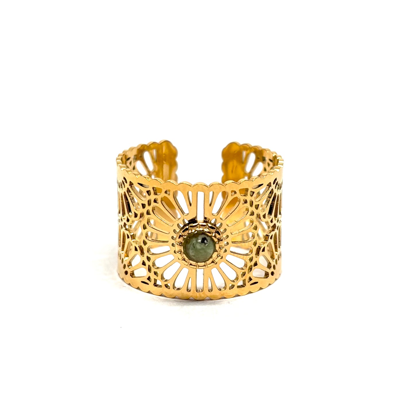 Bague acier doré orientale dentelle perle verte