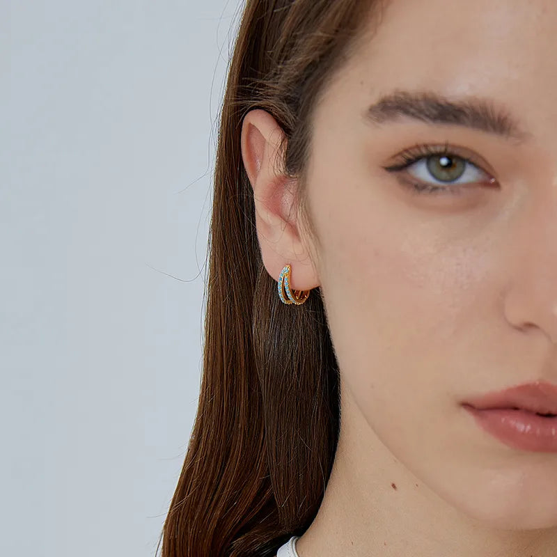 Boucles d'Oreilles Plaqué Or Créoles Doubles Pierres Turquoises
