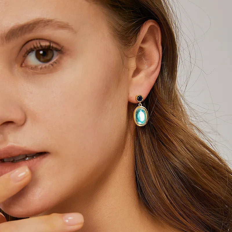 Boucles d'Oreilles Plaqué Or Pendantes Pierres Bleu Saphir & Vert Opaline