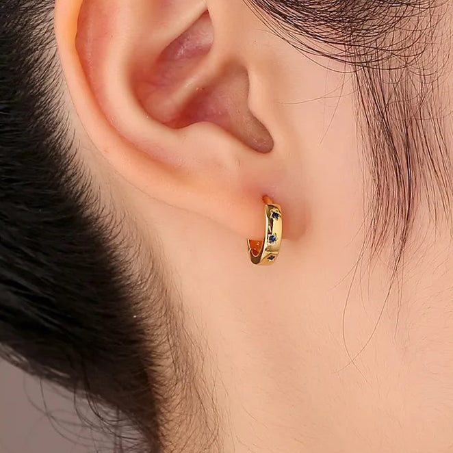 Boucles d'Oreilles Plaqué Or Créoles Zircons Bleus Étoiles