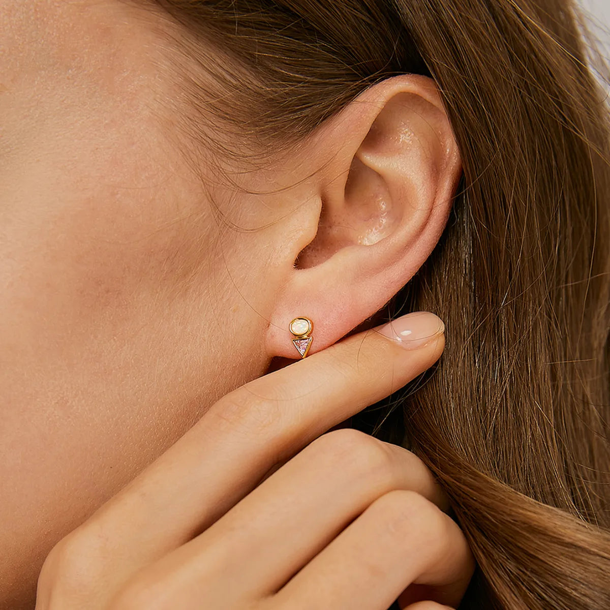 Boucles d'Oreilles Puces Plaqué Or Double Pierre Zircon Rose & Opale