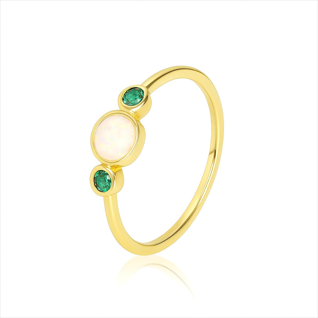 Bague Plaqué Or Opale Blanche & Zircon Vert
