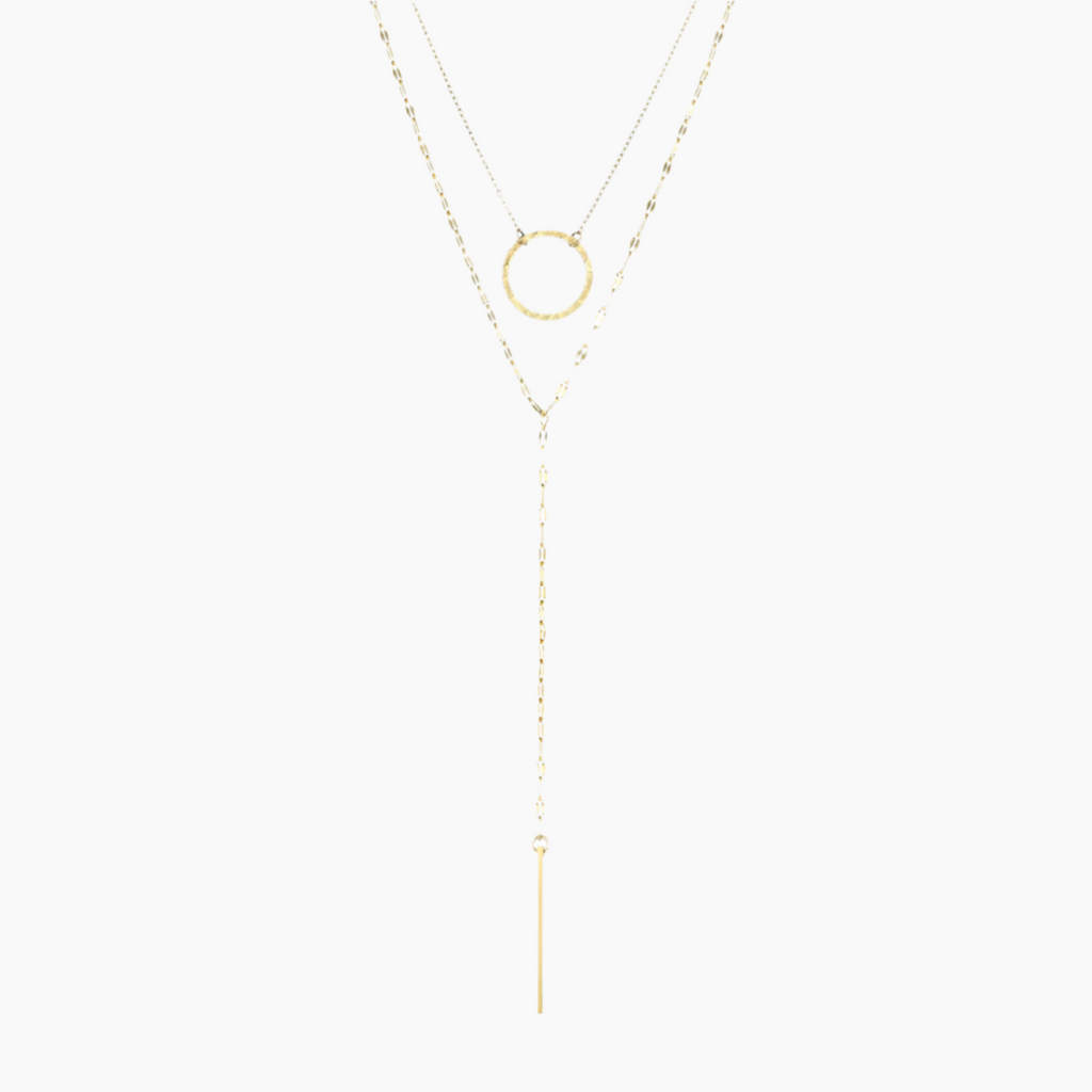 Collier Acier Inoxydable Doré Double Rang Cercle & Barre Style Minimaliste