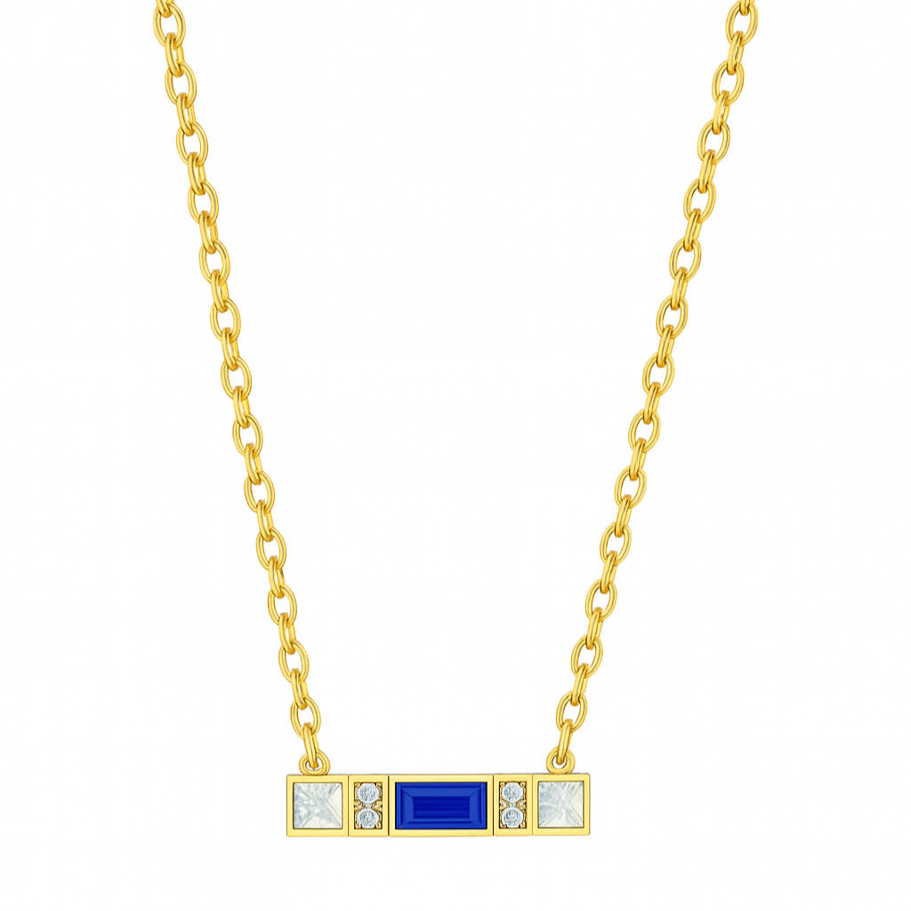Collier Plaqué Or Barre Dorée Pierres Bleues & Zircons