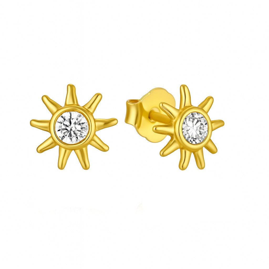 Boucles d'Oreilles Puces Argent 925 doré à l'Or Fin Soleil Zircon