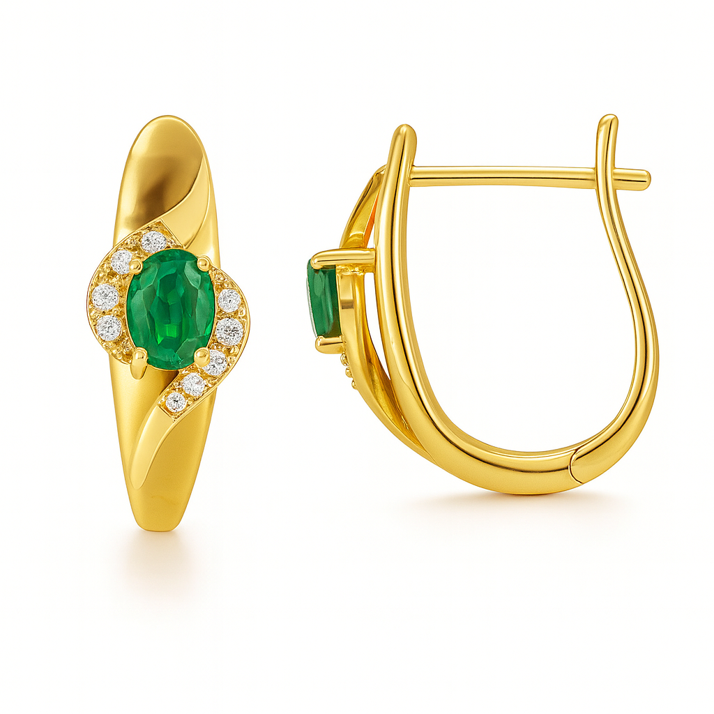 Boucles d'Oreilles Plaqué Or Créoles Cliquet Pierre Verte Zircon
