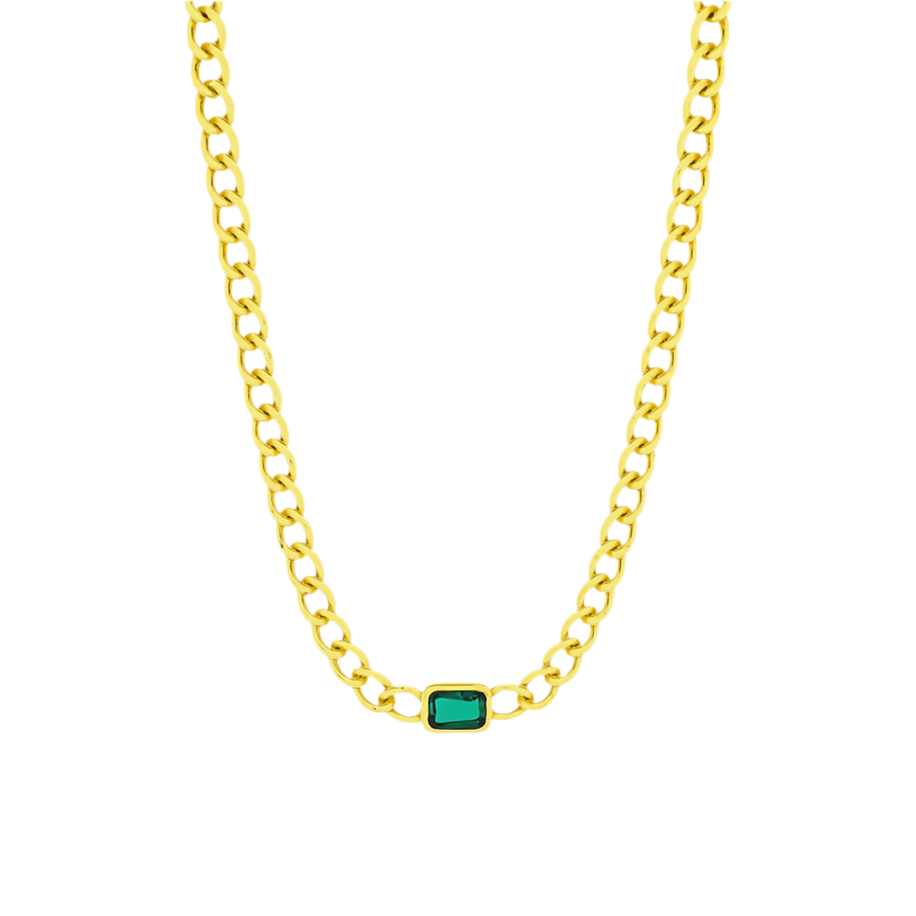 Collier Plaqué Doré Maille Large & Pierre Verte