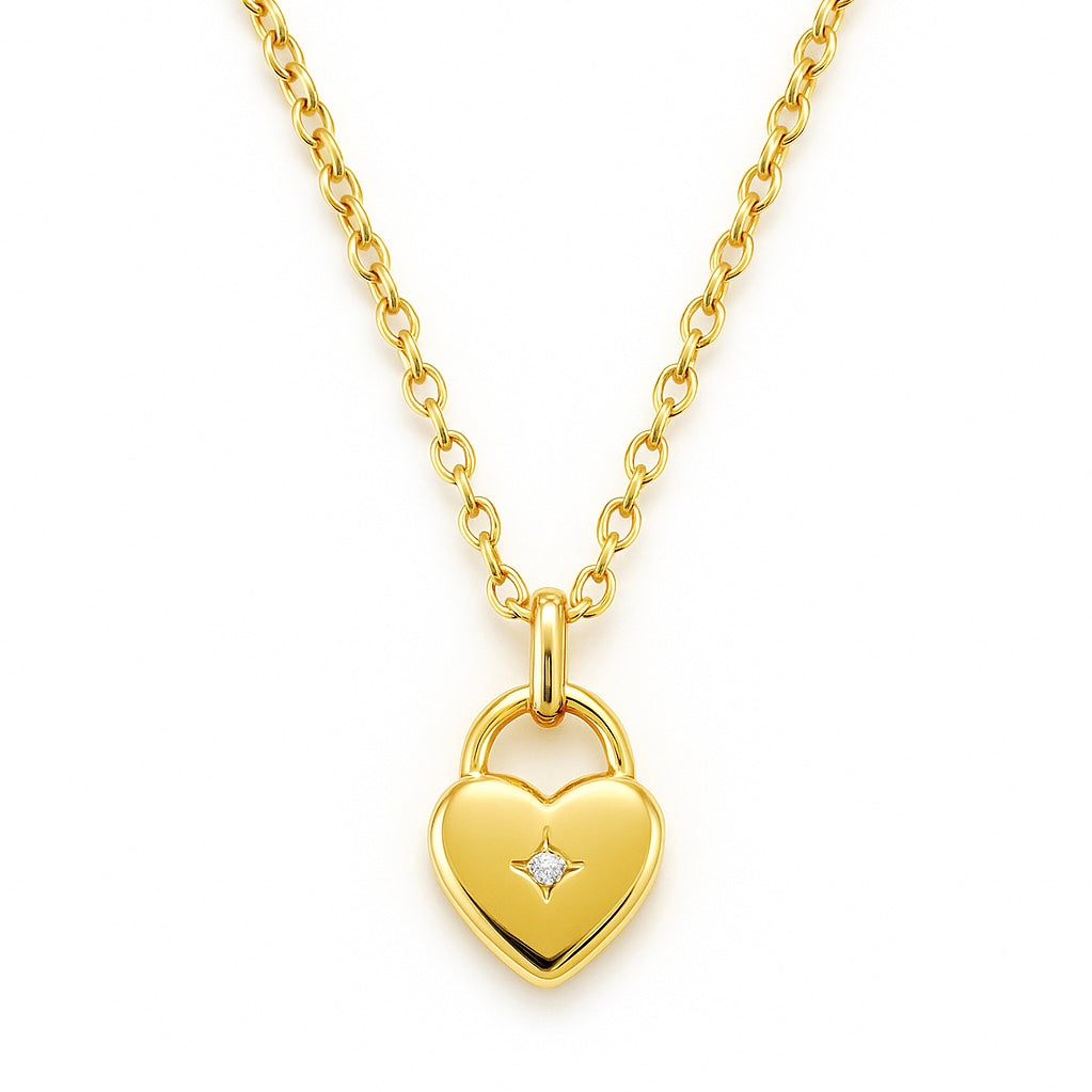 Collier Plaqué Or Pendentif Cadenas Coeur Zircon