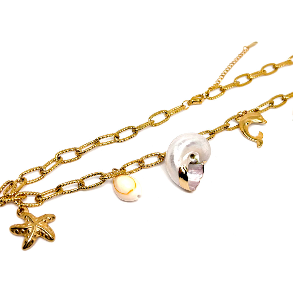 Collier Acier Inoxydable Doré à Charms Marins