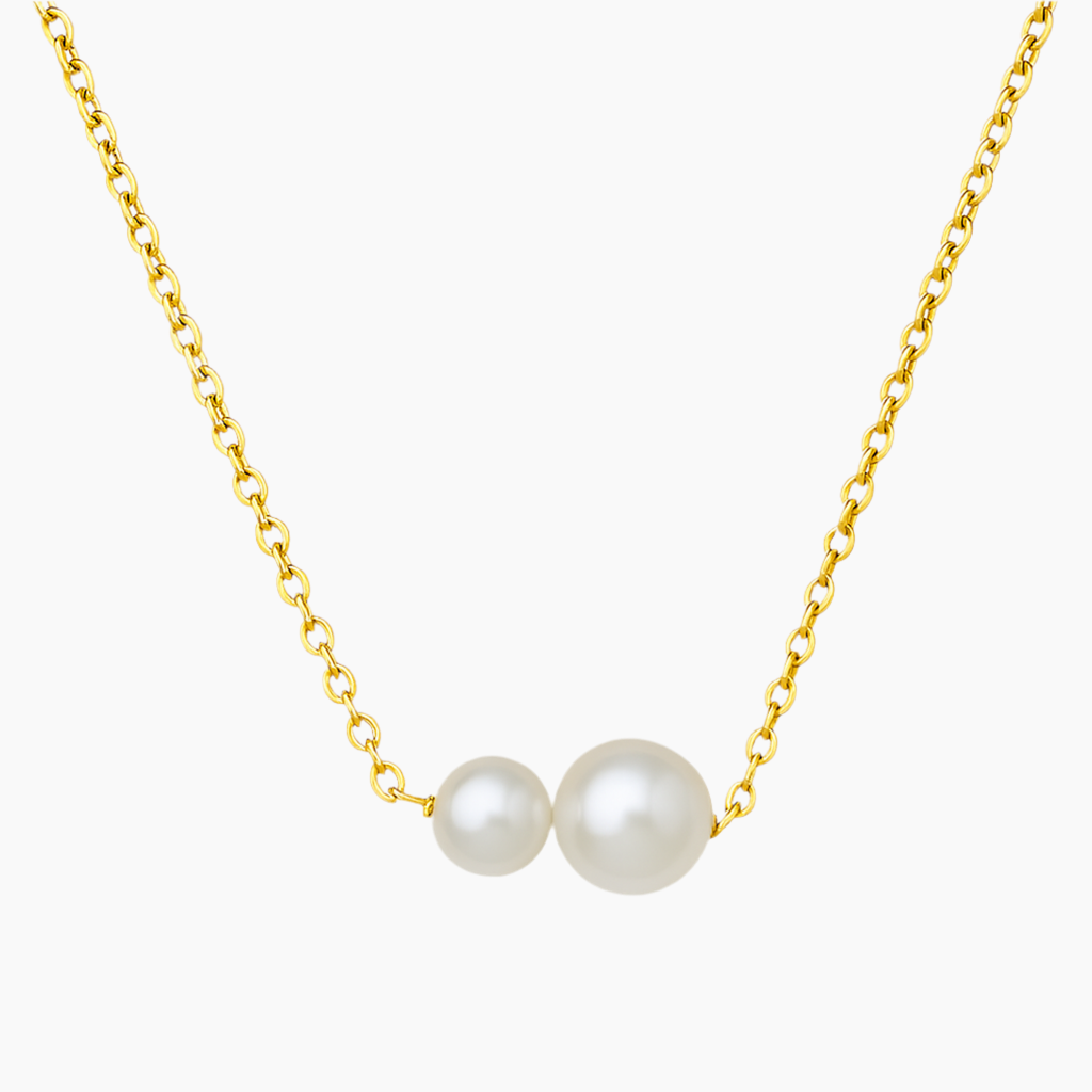 Collier Acier Inoxydable Doré Duo de Perles Asymétrique