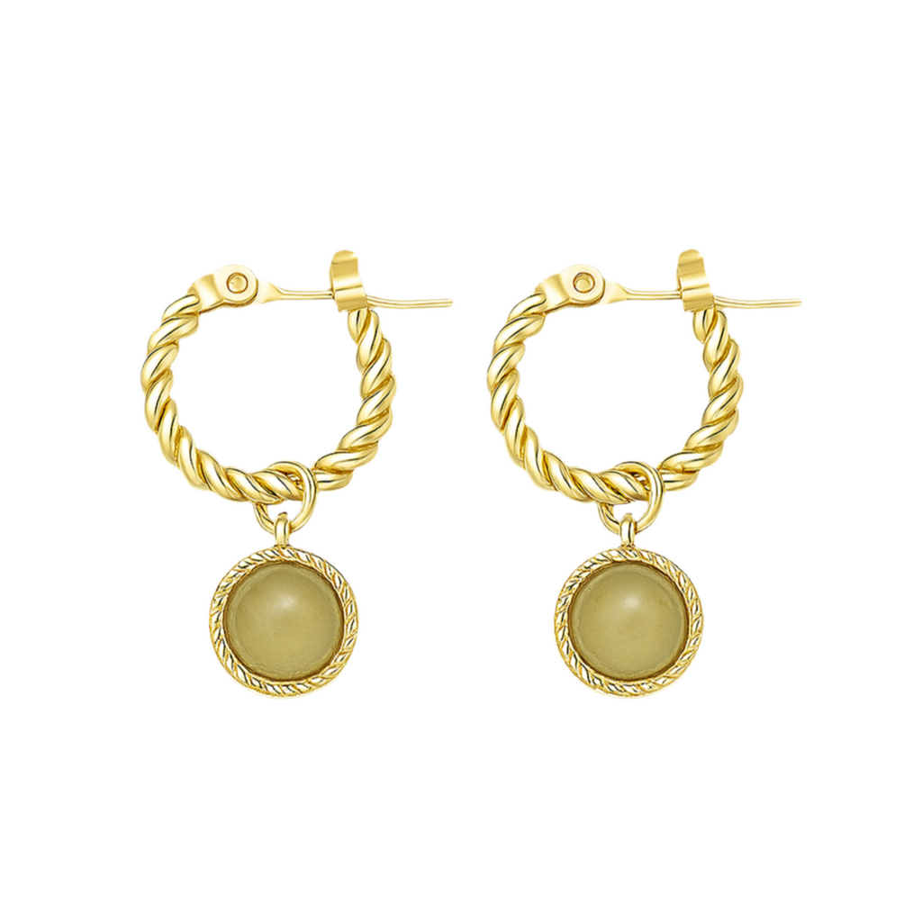 Boucles d'Oreilles Créoles Acier Inoxydable Doré Pierre Verte Torsadées
