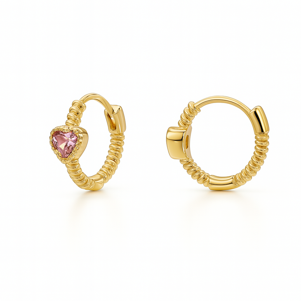 Boucles d'Oreilles Plaqué Or Créoles Torsadées Coeurs Roses