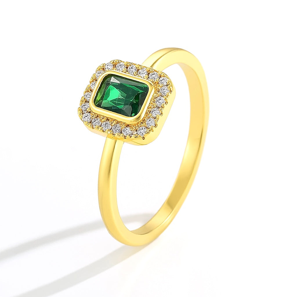 Bague Plaqué Or Pierre Verte Émeraude & Zircons