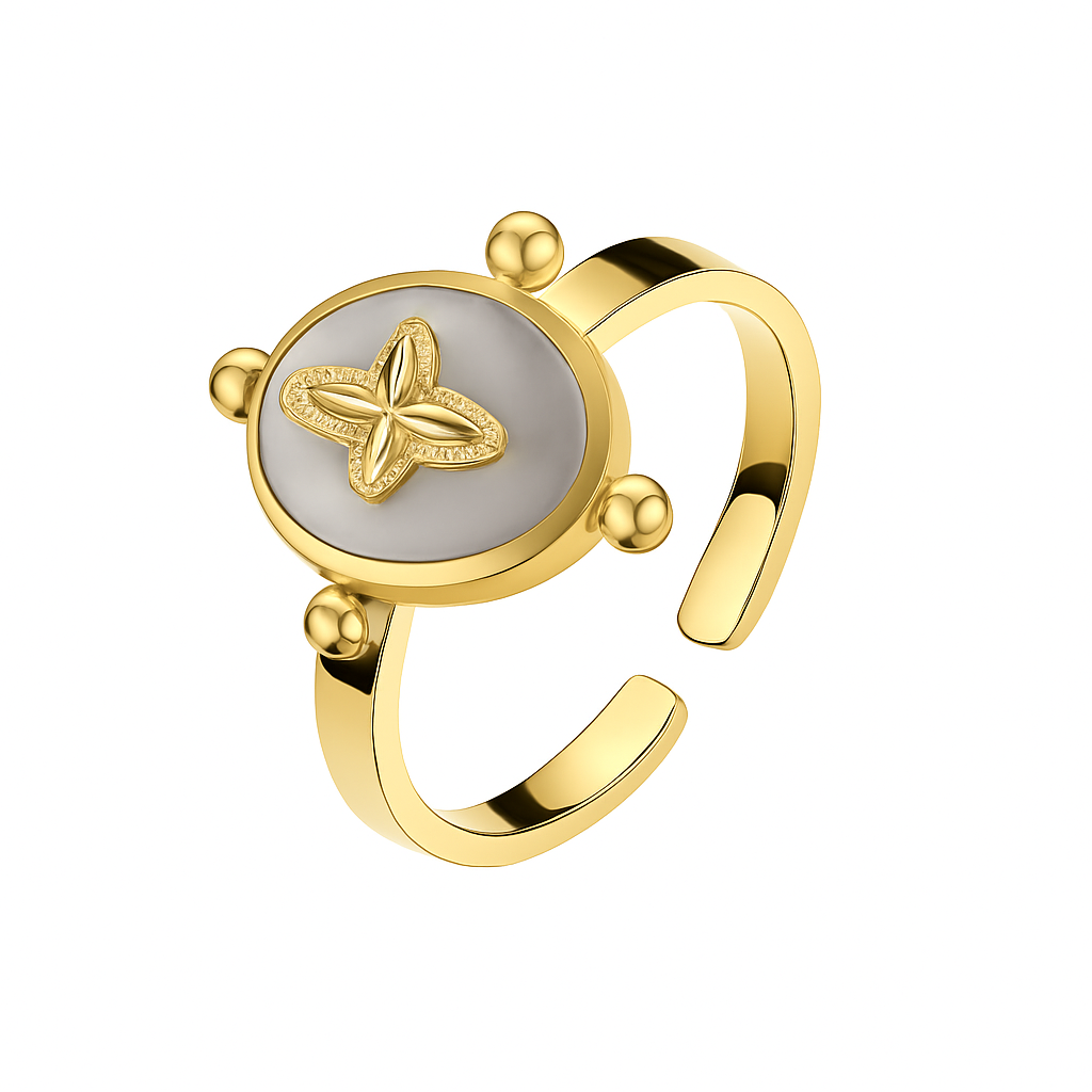 Bague Acier Inoxydable Doré Fleur Nacrée & Ornement Perlé