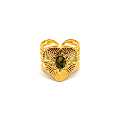 Bague acier doré cœur strié jade