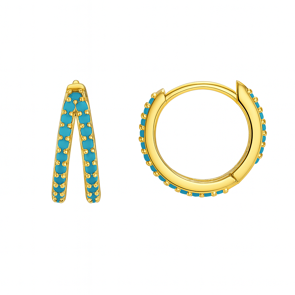 Boucles d'Oreilles Plaqué Or Créoles Doubles Pierres Turquoises