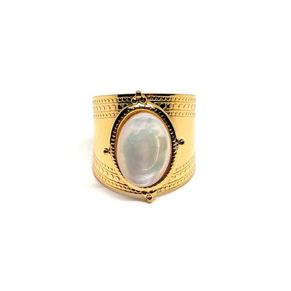Bague acier doré pierre blanche