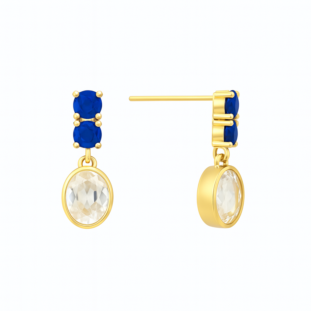 Boucles d'Oreilles Pendantes Plaqué Or Zircon Blanc & Bleu