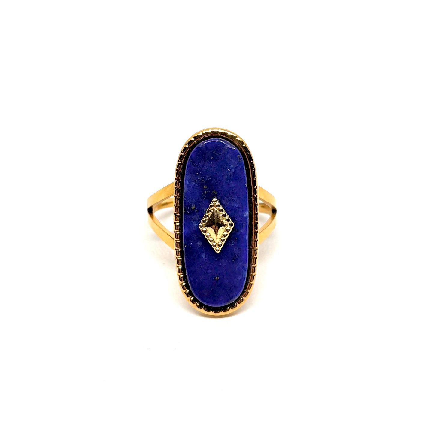 Bague acier doré lapis-lazuli ovale