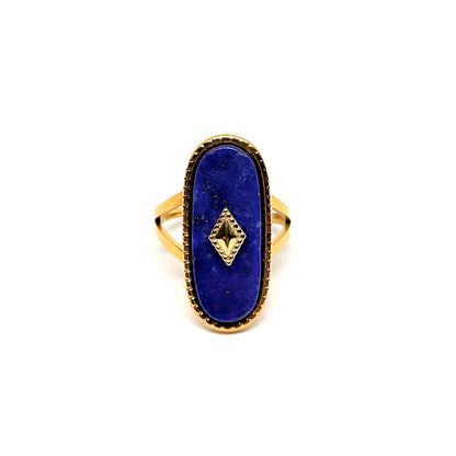 Bague acier doré lapis-lazuli ovale