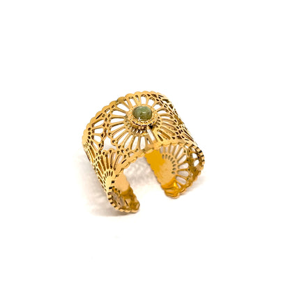 Bague acier doré orientale dentelle perle verte