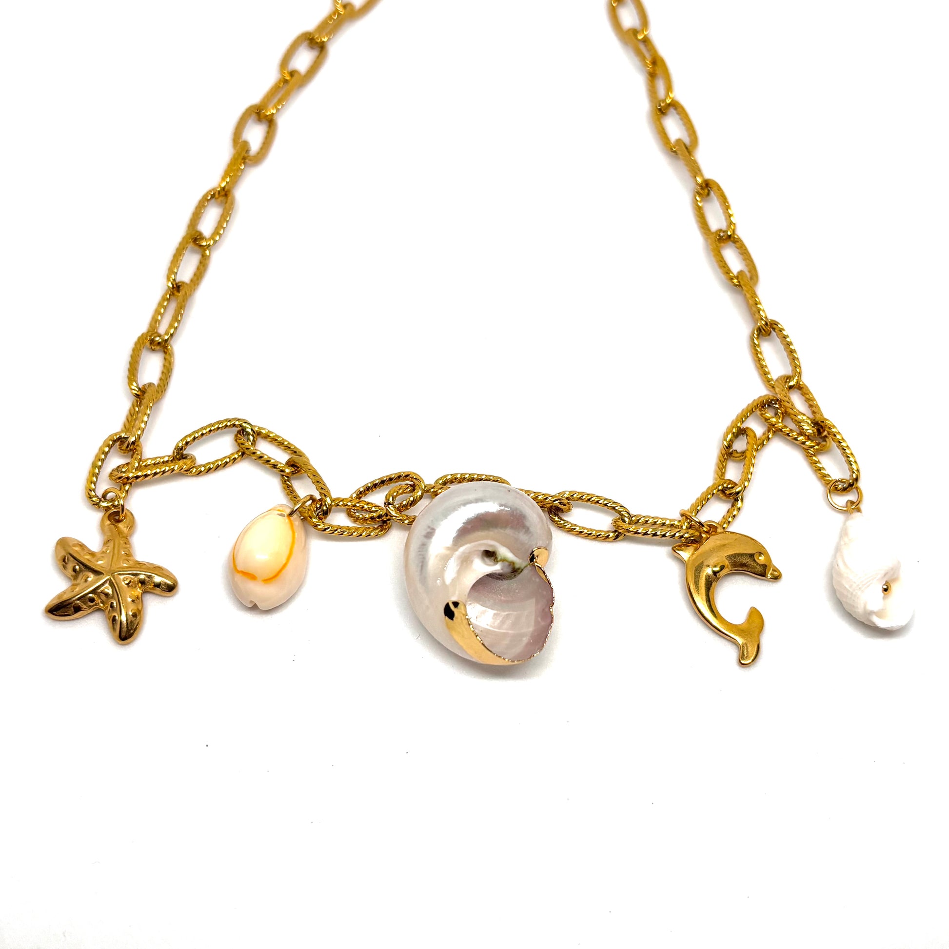 Collier Acier Inoxydable Doré à Charms Marins
