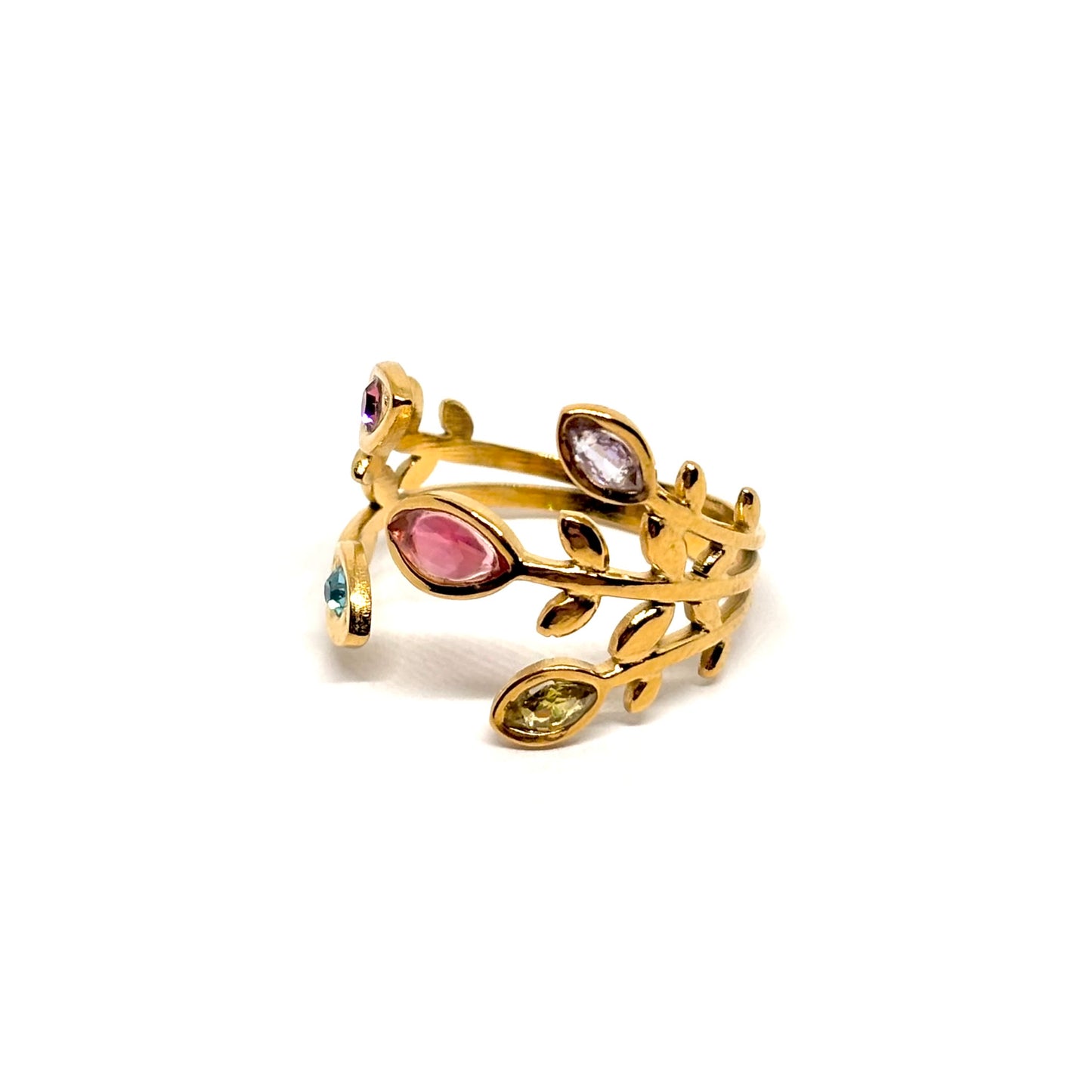 Bague acier doré feuilles multicolores