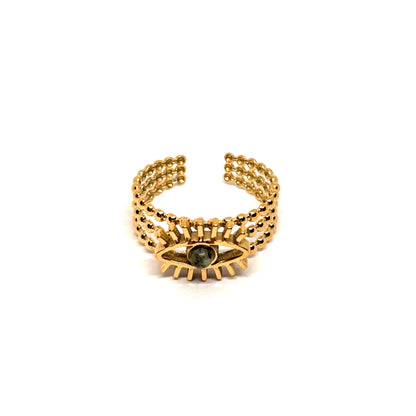 Bague acier doré œil protecteur pierre verte